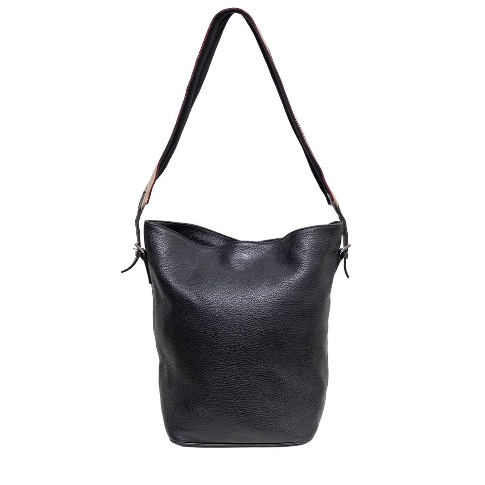 Burberry London Black Pebbled‎ Leather Shoulder Bag House Check Stripe Strap
